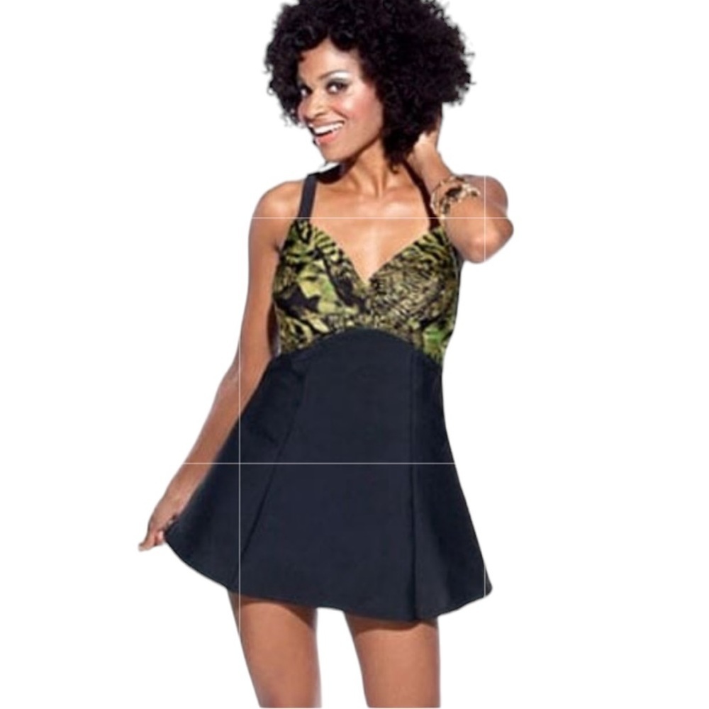 Carol Wior Slim Suit Criss Cross Front Minimizer Green & Black Swim Dress New 8